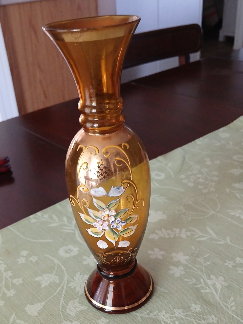 Amber Glass Vase with Hand-Painted Floral Detail Bohehian Glass